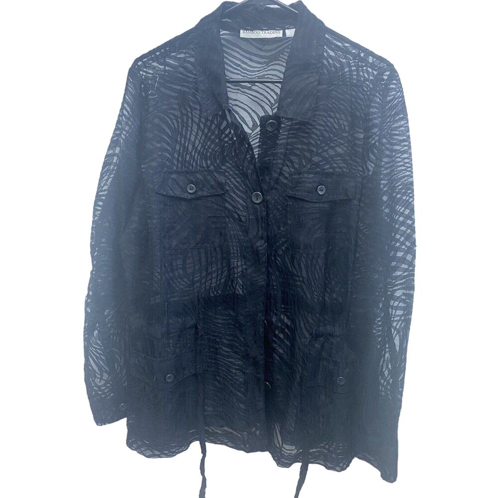 Bamboo Traders Women’s Black Sheer Button Up Top Pockets Long Sleeve Size Large